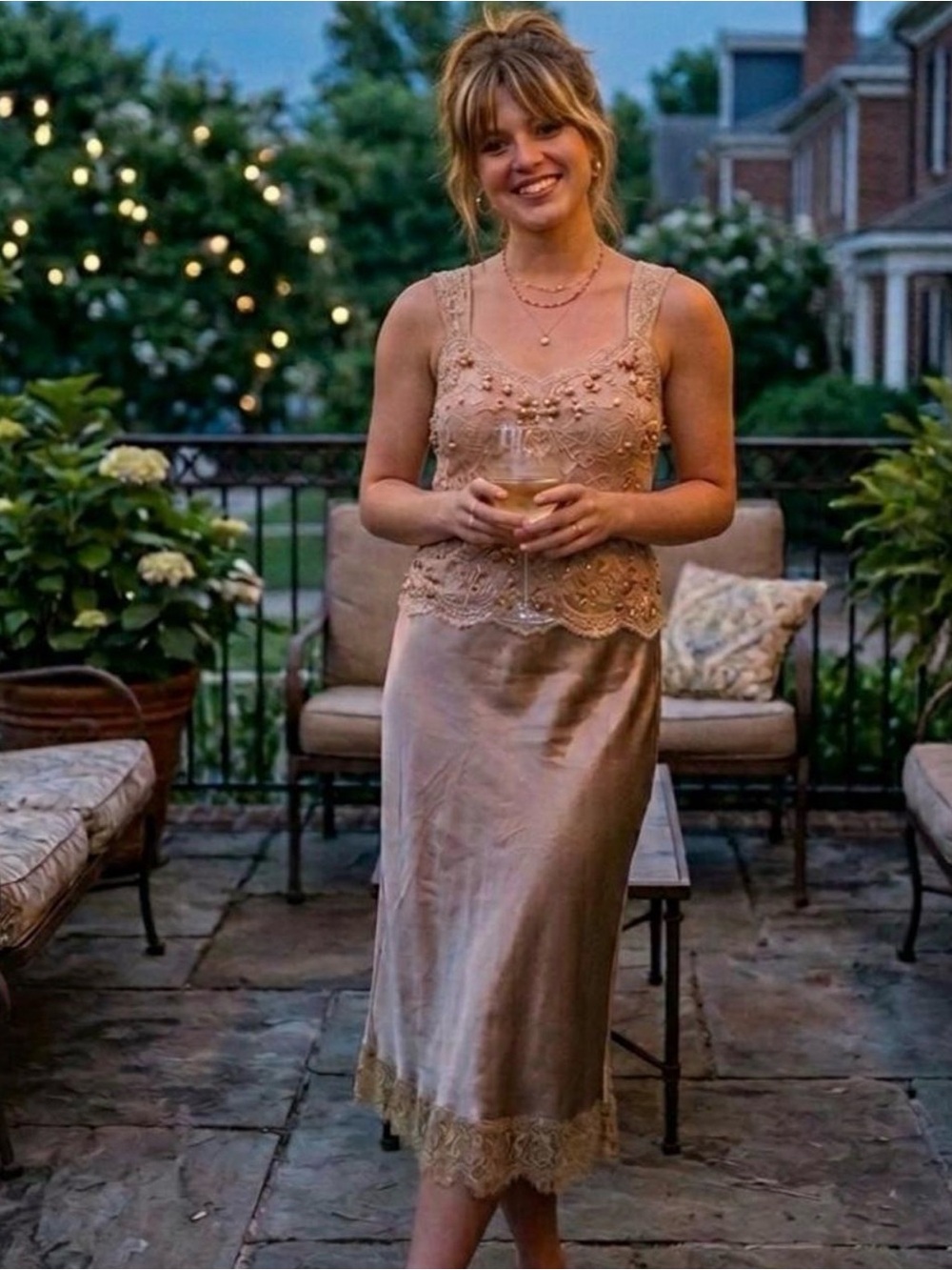 Vintage Y2K Heart Moon Star Champagne Satin Midi Slip Skirt Medium Fairy Grunge